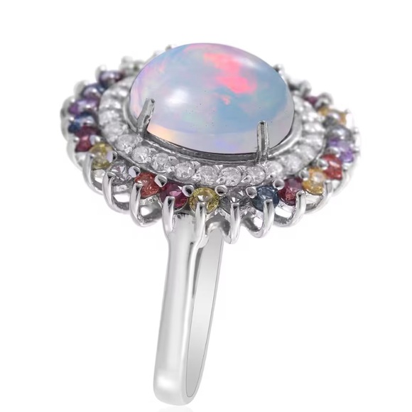Ethiopian Welo Opal & Multi Gemstone Double Halo Ring Platinum/Sterling Silver - Picture 8 of 10
